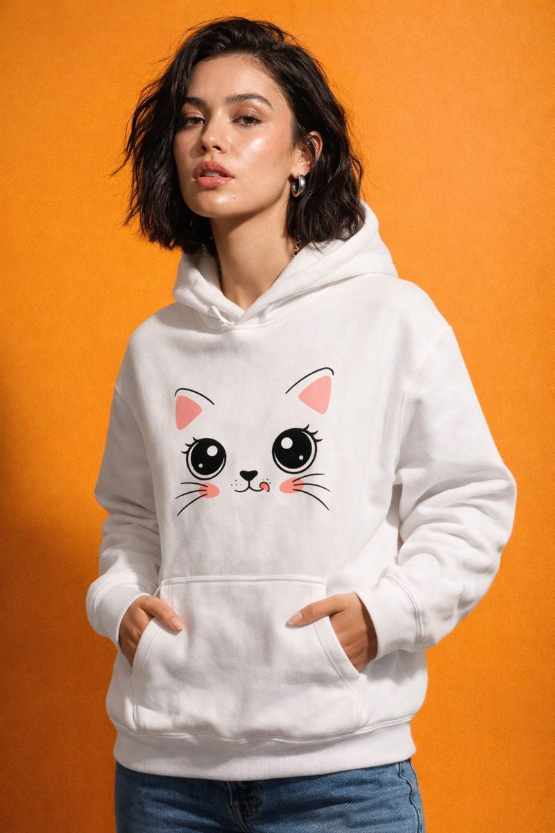 Cute Cat Face Hoodie | Kawaii Oversized Hoodie | White Pullover | CodeWear