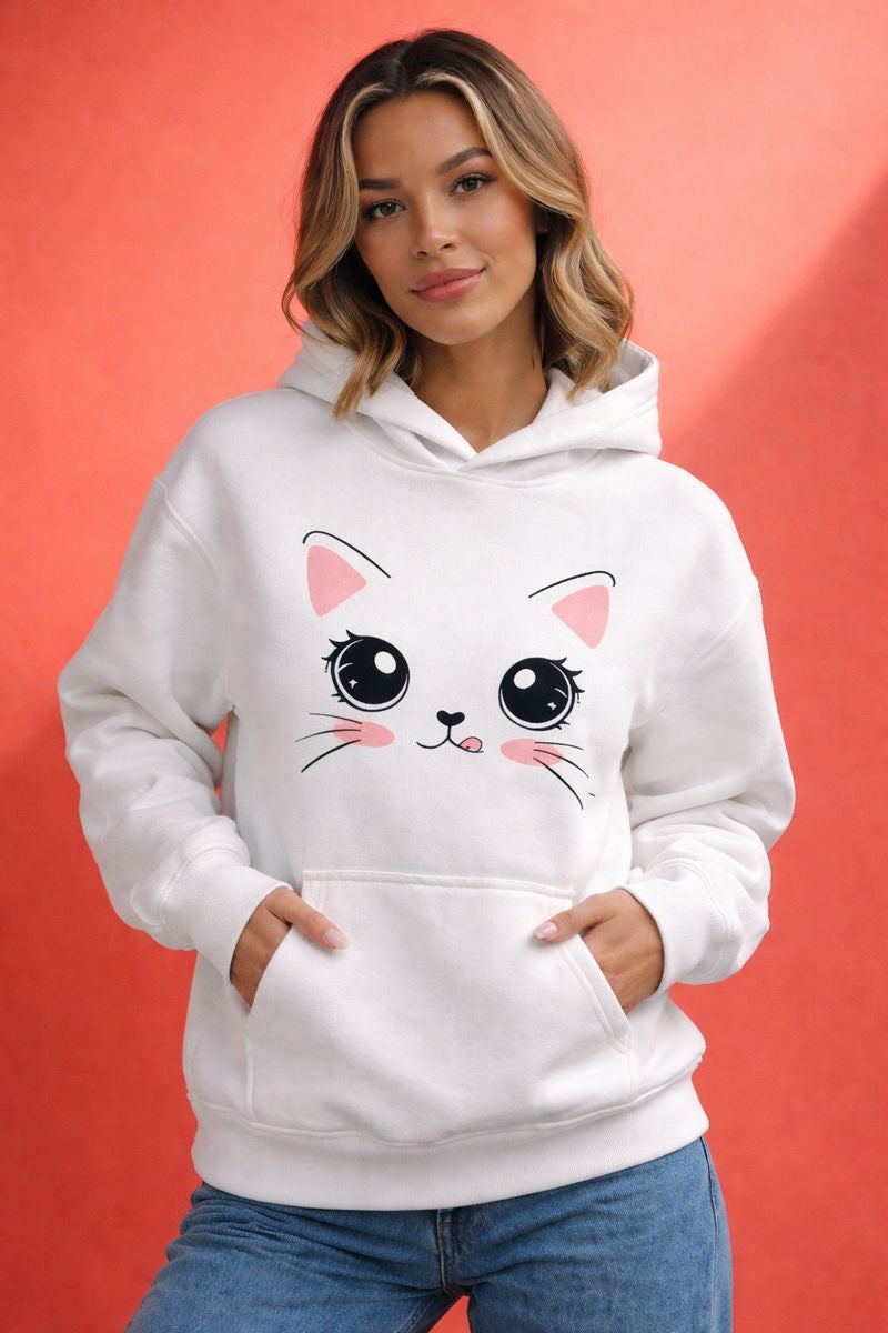 Cute Cat Face Hoodie | Kawaii Oversized Hoodie | White Pullover | CodeWear