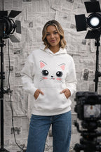 Cute Cat Face Hoodie | Kawaii Oversized Hoodie | White Pullover | CodeWear