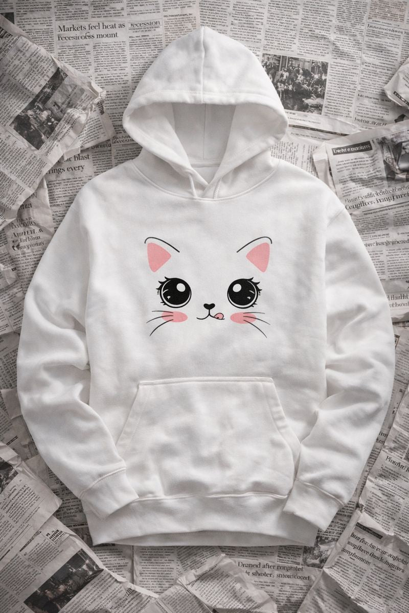 Cute Cat Face Hoodie | Kawaii Oversized Hoodie | White Pullover | CodeWear