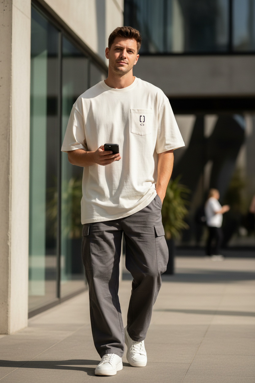 Cream oversized t-shirt on model - minimal developer streetwear by CodeWear