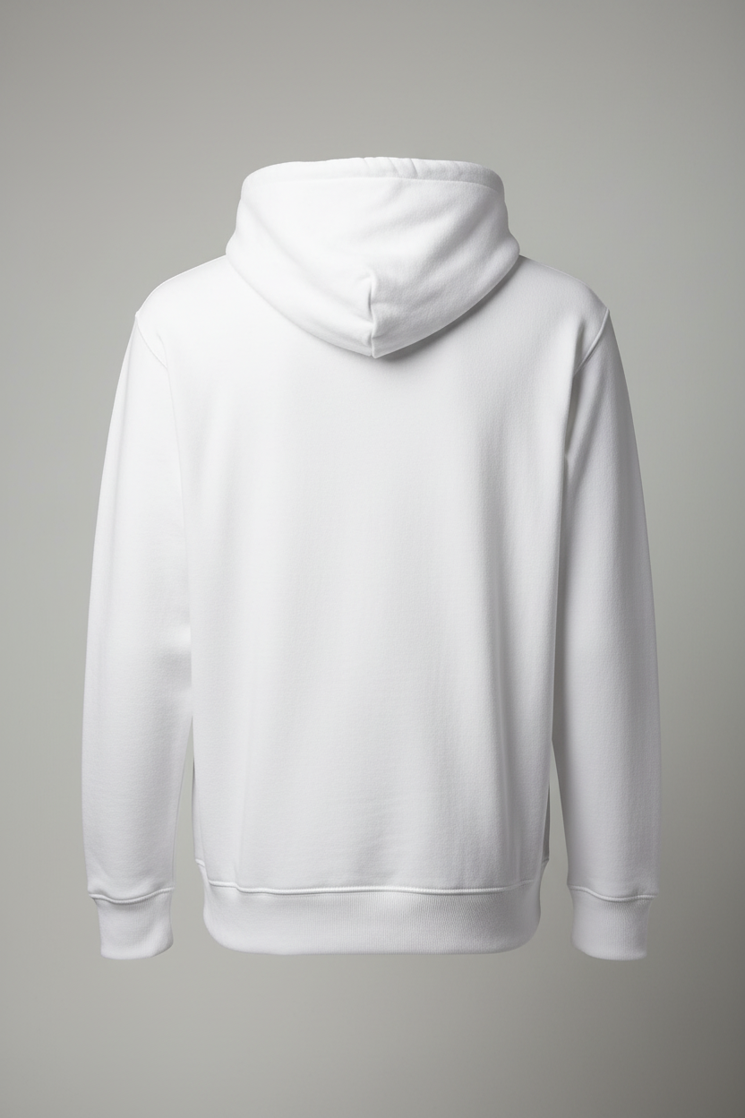 MISSED hoodie back view - plain solid white with no graphics