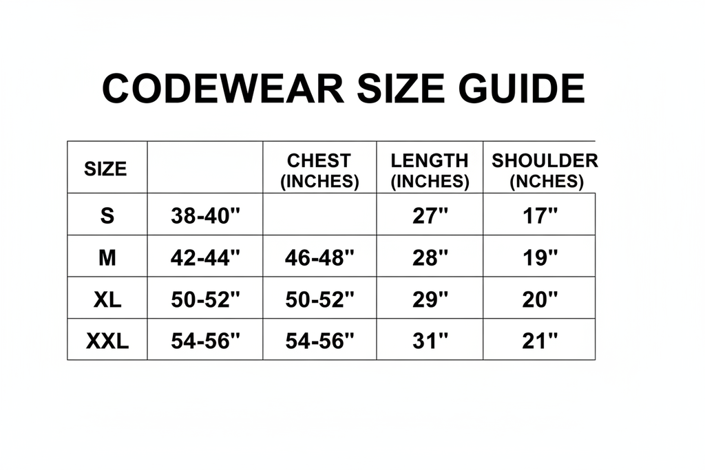 CodeWear T-Shirt Size Chart Guide
