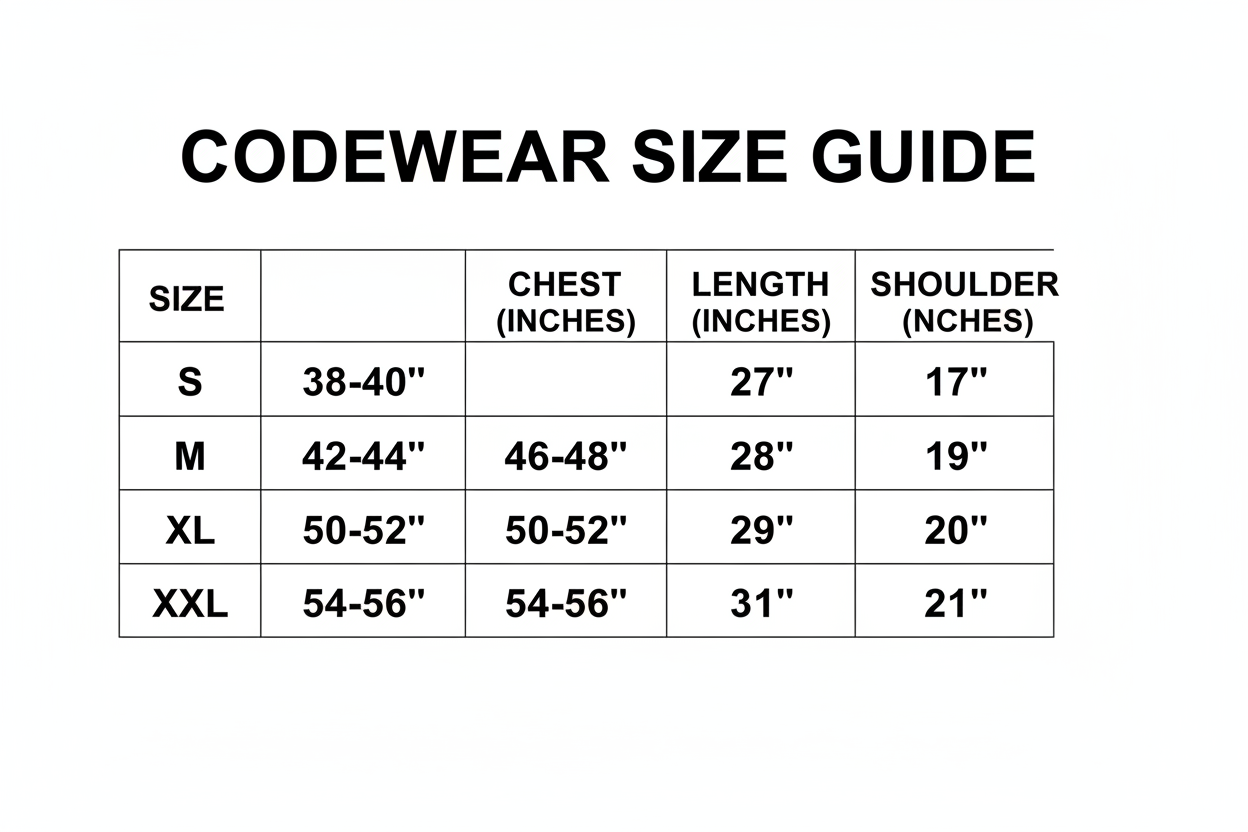 CodeWear T-Shirt Size Chart Guide