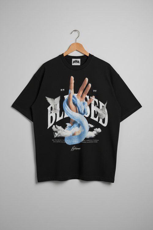BLESSED angel graphic oversized black t-shirt on hanger - front view with spiritual streetwear design by CodeWear