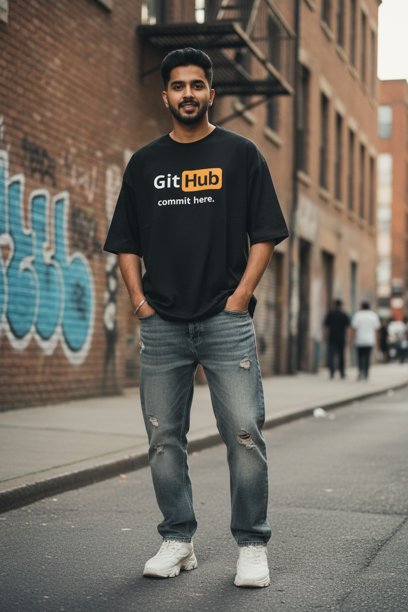 GitHub Commit Here T-Shirt model shot front view