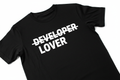 Developer Lover strikethrough t-shirt close-up detail - DEVELOPER with LOPER crossed out and LOVER below