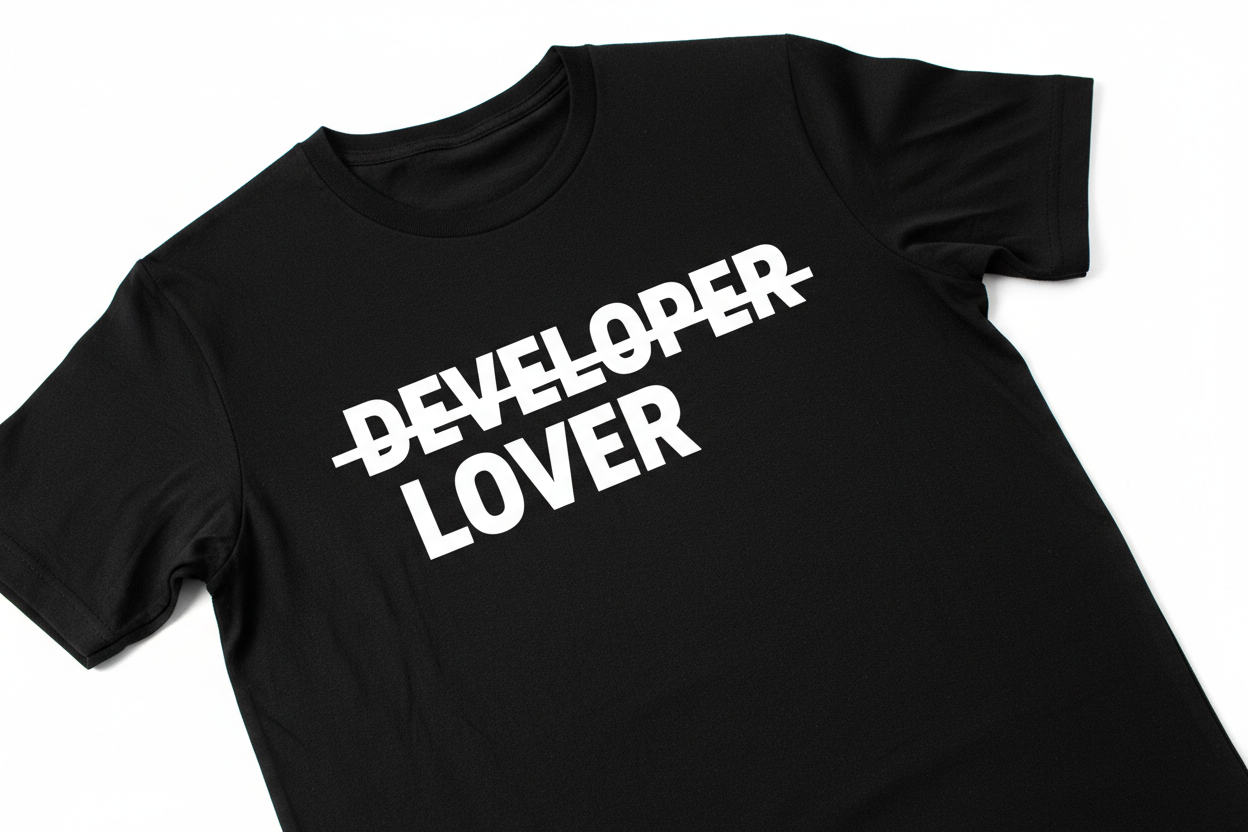 Developer Lover strikethrough t-shirt close-up detail - DEVELOPER with LOPER crossed out and LOVER below